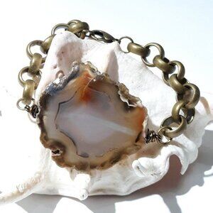Agate Slice Bracelet With Brass Chain